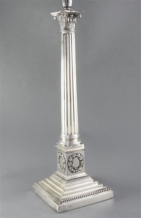 A 20th century silver plated corinthian column table lamp, overall height 57cm.
